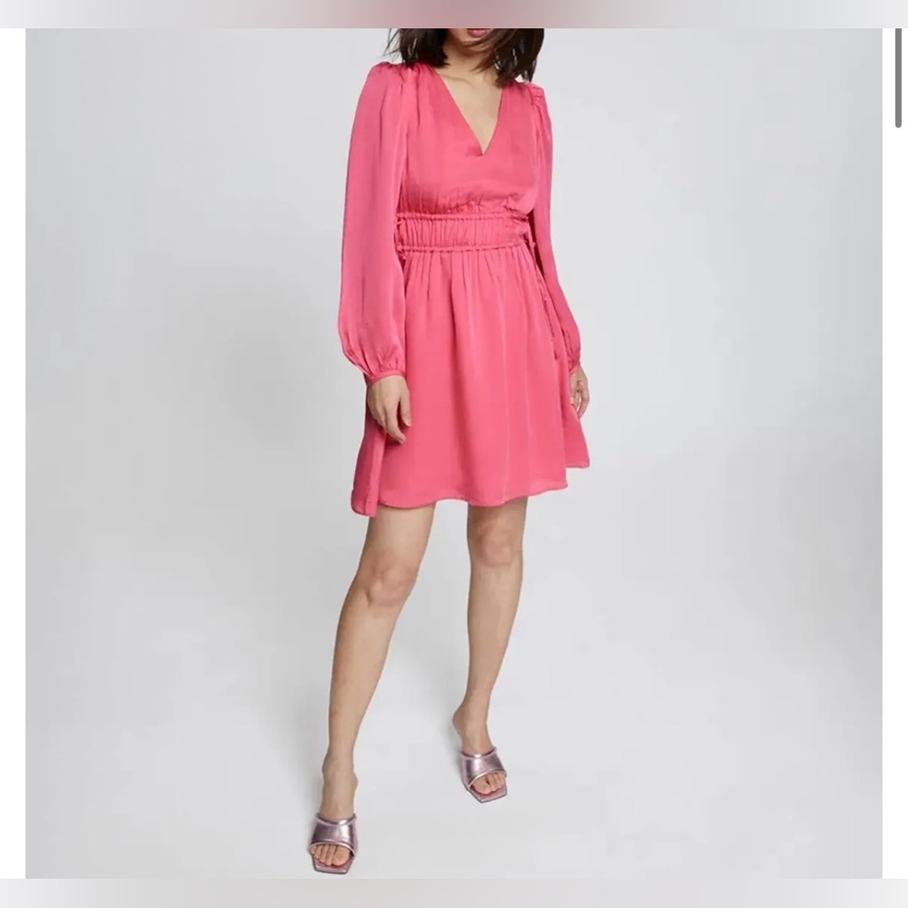 & OTHER STORIES Hot Pink V-Neck Drawstring Waist Mini Dress - Picture 2 of 4